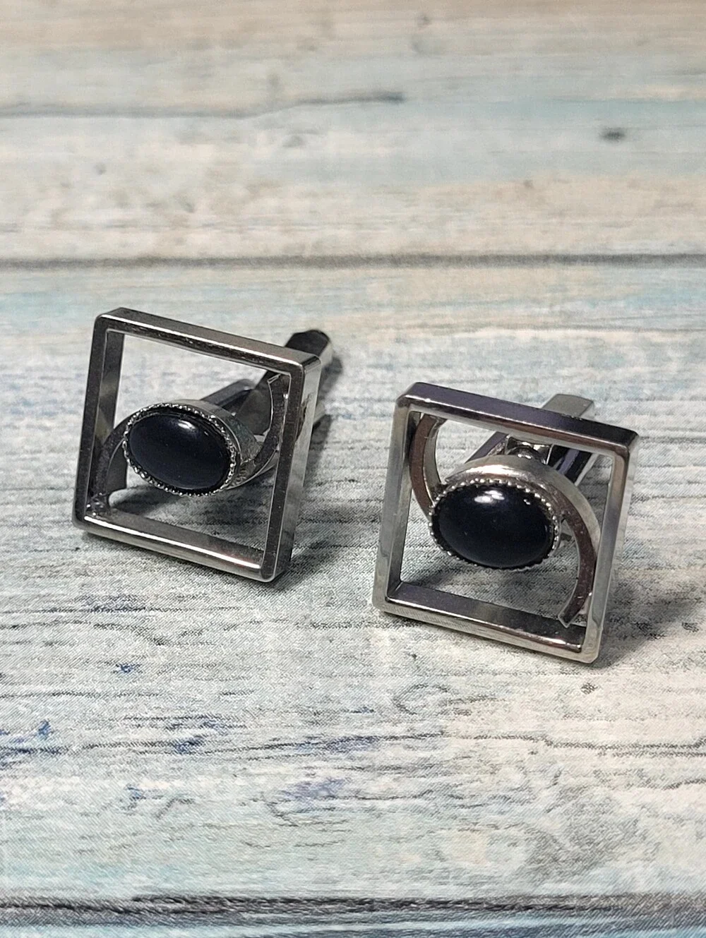 Silver Square Cufflinks with Black stone Cabochon